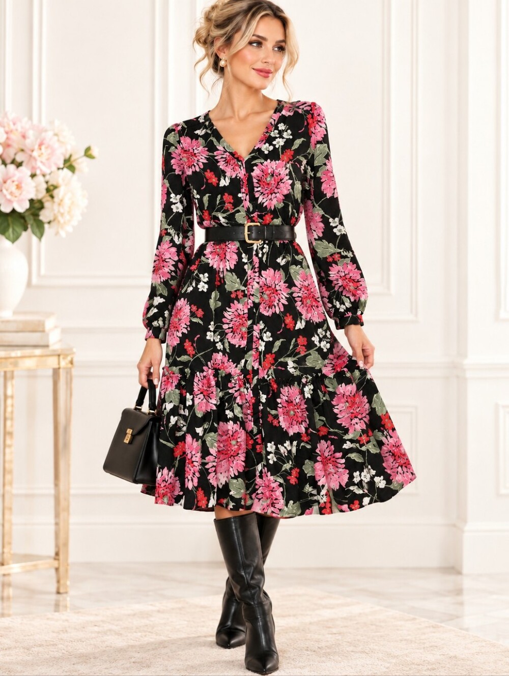 Draper James Floral Midi Dress | Black & Pink Tiered Long Sleeve | Size Medium